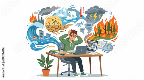 A person overwhelmed by climate change and environmental disaster imagery while working on a laptop.