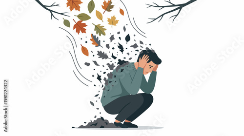 A person overwhelmed by falling autumn leaves turning into dust, symbolizing mental distress and burden.