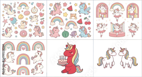 Magical Unicorn and Rainbow Vector Collection Featuring Cute Characters Ballerina Unicorns Birthday Cake Donuts Stars and Pastel Fairy Tale Elements