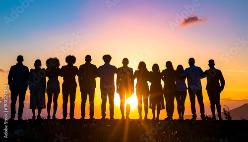 Silhouetted figures stand together against a vibrant sunset sky, looking towards the horizon