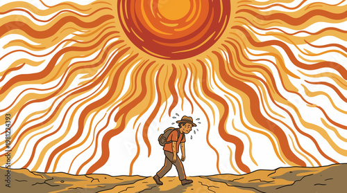 Man struggling with extreme heat and sun while walking in a dry, hot environment, showing exhaustion and sweat.