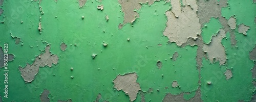 Old green paint peels from rough concrete wall surface. Aged plaster texture shows wear and damage. Cracked, weathered background with visible layers and imperfections.