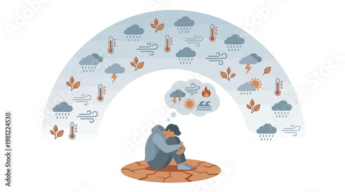 A person sits on cracked earth, overwhelmed by thoughts of climate change and environmental disasters, surrounded by weather icons.