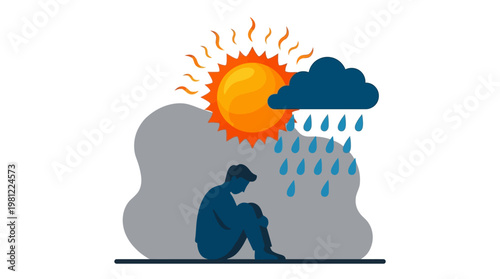 A person sitting sadly under a sky with both a bright sun and a dark, rainy cloud, symbolizing fluctuating moods and mental health challenges.