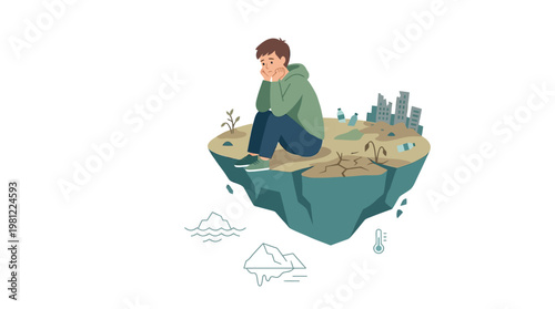 A lonely person sits on a desolate floating island, contemplating environmental decay and isolation.