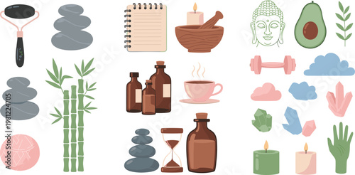 Holistic Wellness and Self Care Vector Set Featuring Zen Stones Bamboo Buddha Head Crystals Essential Oils Facial Roller and Relaxation Elements