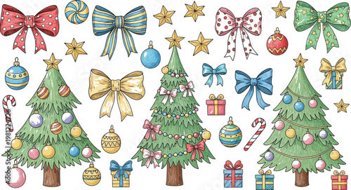 Colorful holiday trees with festive ornaments and decorations in a repeating pattern Vector