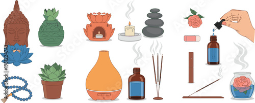 Zen Wellness and Spa Vector Set Featuring Buddha Statue Incense Burner Essential Oils Diffuser Candles Stones and Meditation Elements