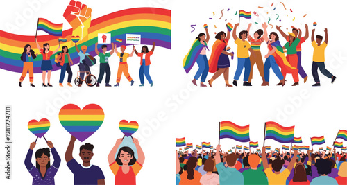 Diverse Group of People Celebrating LGBT Pride Month Parade with Rainbow Flags Hearts and Confetti in Flat Vector Illustration Style