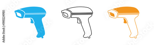 Two handheld barcode scanners in contrasting colors blue and orange