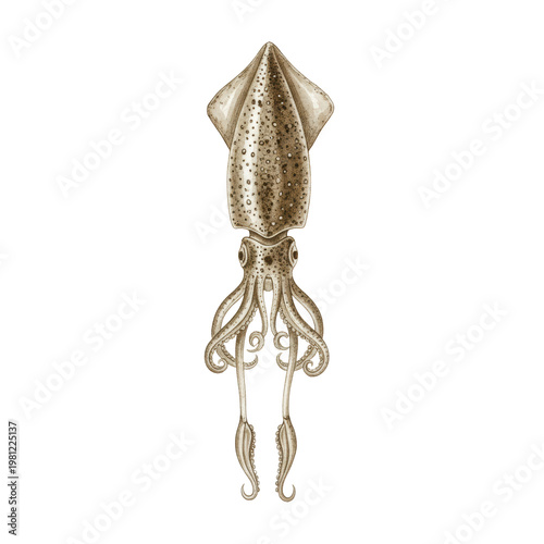 highly detailed sepia watercolor illustration of an anatomically accurate squid specimen with tentacles, isolated on white paper texture, scientific documentation concept