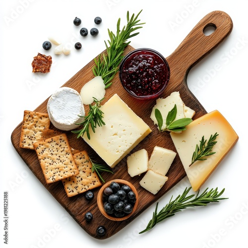 Assorted cheese platter with fresh herbs berries crackers and jam on wooden cutting board for gourmet food presentation and snack