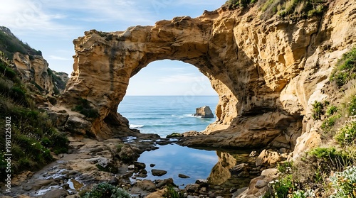 Natural sea arch in rocky cliff with ocean view and blue sky with clouds
