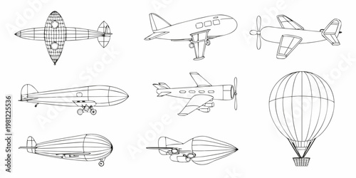 Collection of various aircraft outlined in simple black and white line drawings