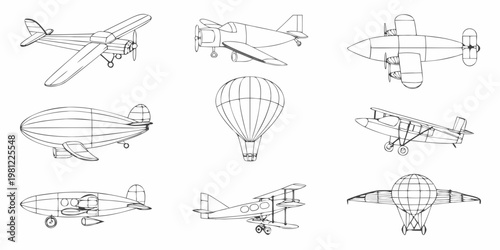 Variety of vintage aircraft and airships in black and white line drawings