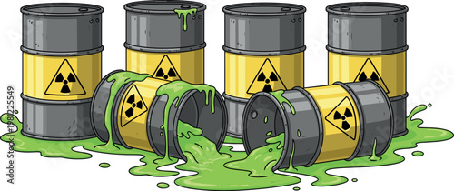 Radioactive waste barrels vector illustration with toxic spill hazard drums and environmental pollution danger concept