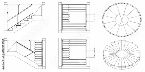 Architectural plans depicting various staircases and spiral stair layouts