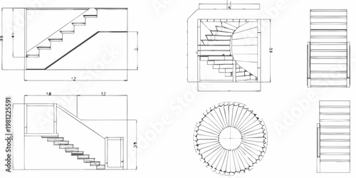 Architectural blueprints displaying various staircase designs and dimensions