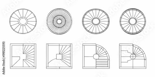 Diagrams of spiral staircases and circular floor plans in architectural drawings