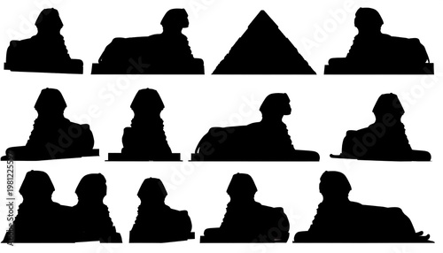Silhouetted forms show several sphinxes and a pyramid against a white background in a repeating pattern