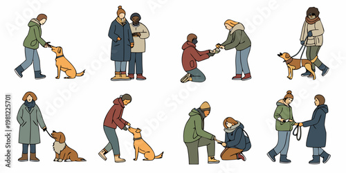 Diverse group of people interacting with their canine companions outdoors