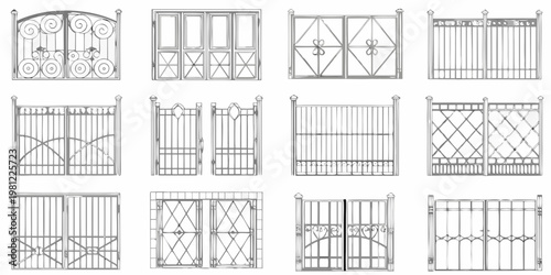Collection of ornate decorative wrought iron gate designs in a sketch