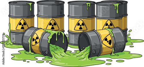 Radioactive waste barrels vector illustration with toxic spill hazard drums and environmental pollution danger