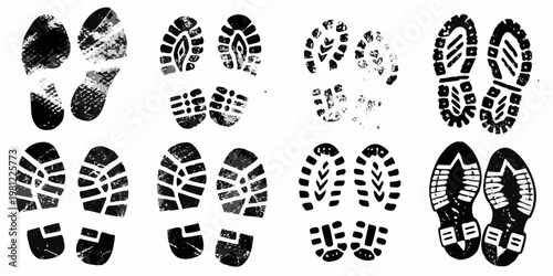 Collection of black shoe prints and footprints on a white background