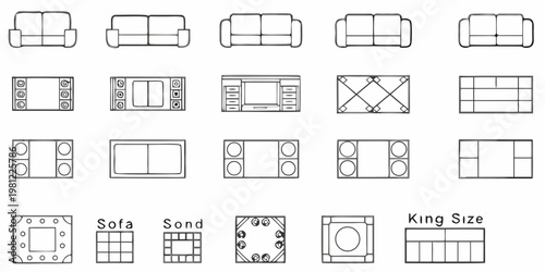 Furniture arrangement floor plans showing sofas televisions and bed layouts