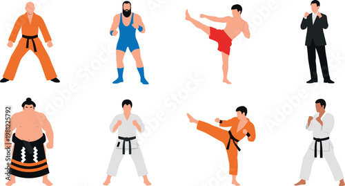 Flat Design Martial Arts and Wrestling Characters Set for Sports, Boxing, Karate, and Fitness Branding