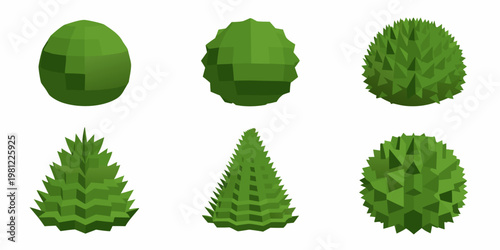 A collection of six low poly geometric green coniferous tree shapes