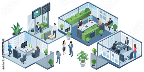Isometric illustration of a modern open plan office space with employees