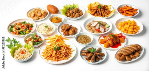 Variety of appetizing dishes on white background,  food,  diverse cuisine