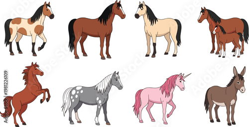 Playful and Adorable Horse and Unicorn Character Set Featuring Different Breeds and Poses for Farm, Animal, and Fantasy Themed Designs, Vector Illustration