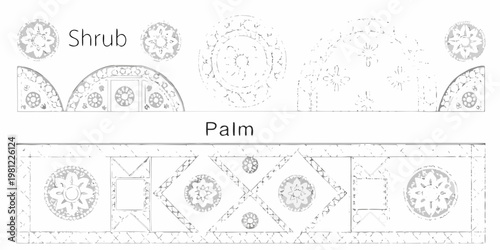 Architectural sketch of ornamental palm and shrub designs for tiling