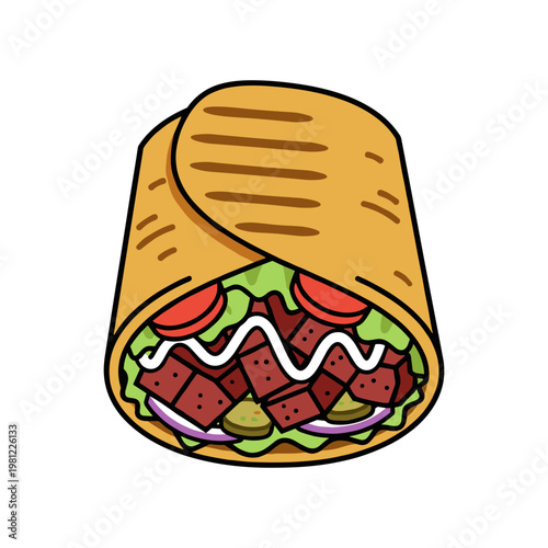 A delicious and colorful illustration of a fully loaded gyro wrap with grilled meat and fresh vegetables.