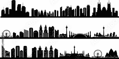 Silhouettes of global skylines cityscapes featuring famous landmarks