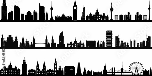 Silhouetted skylines of famous cities including london berlin and paris