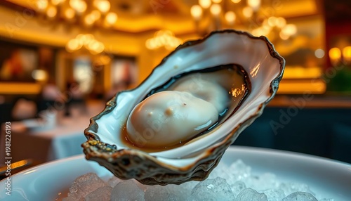 Close-up of a plump oyster being consumed, elegant restaurant setting, coast, sophisticated