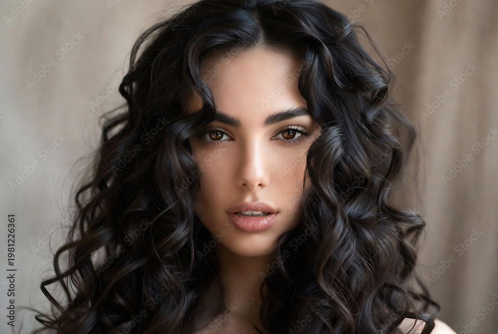 Naklejka premium A woman with dark curly hair and striking eyes is looking directly at the camera. She appears to be posing for a portrait indoors, possibly in a studio.