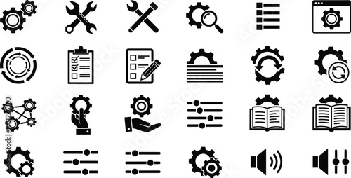 Settings and configuration icon set with gears tools sliders checklist and system control symbols isolated vector illustration