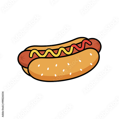 A classic hot dog with ketchup and mustard squiggles on a sesame seed bun, rendered in a cartoon style.