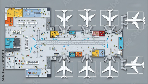 Top View Airport Passenger Layout Flat Vector Architectural Diagram, Human Activity Flow Illustration, Clean White Background