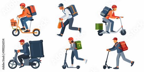 Diverse delivery personnel transporting goods using various methods of transport