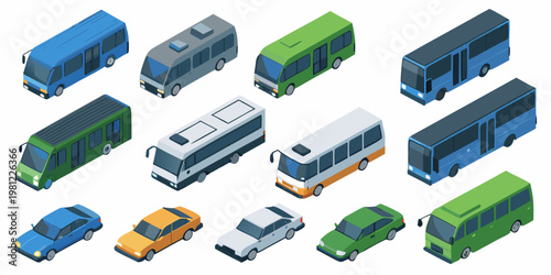 Isometric illustration depicting a collection of various public and private vehicles
