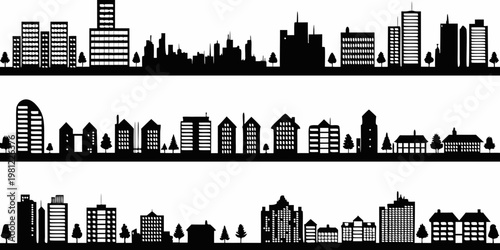 A black silhouette cityscape with multiple layers of buildings and trees