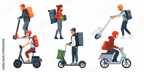 Diverse delivery workers using various transportation methods in a city