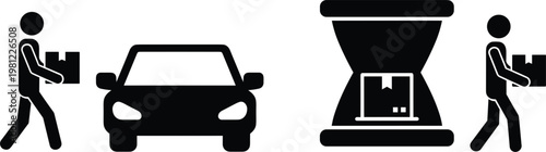 Time is money concept with worker carrying box car and hourglass icons isolated flat vector illustration set