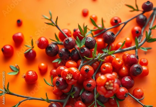 Vibrant orange background strewn with glistening fresh sea buckthorn berries,  photography,  nutrition