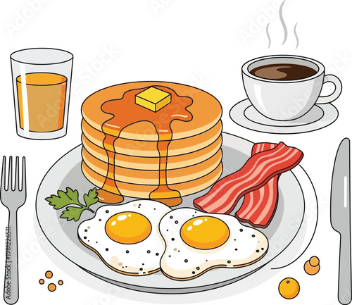 Full american breakfast with pancakes bacon fried eggs coffee and orange juice on plate vector illustration morning meal.